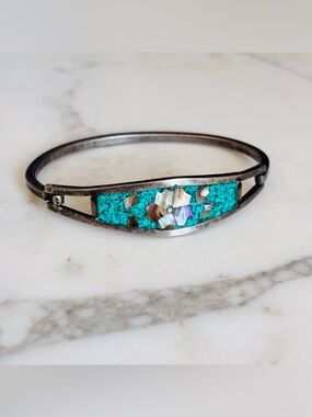 Vintage Mexican Alpaca Turquoise Inlay Silver Tone Women Bangle Bracelet Size 7”
